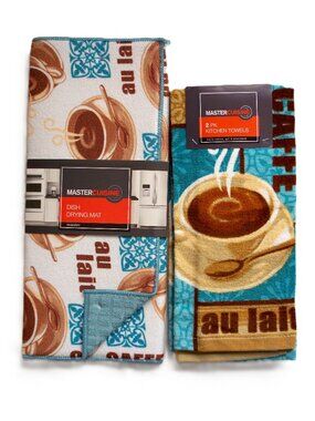 Master Cuisine 2 Kitchen Towels /1 Dish Drying Mat Set Caffe Au Latte Design NOS